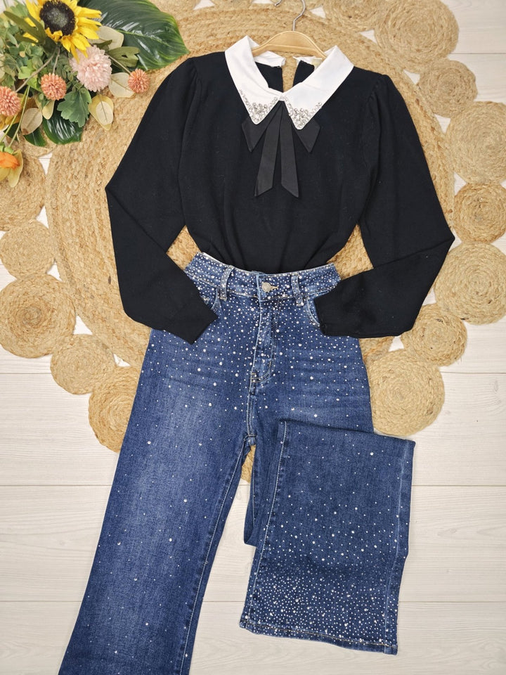 Maglione con colletto della camicia con fiocco strass morbido e caldo Panna Level Stores