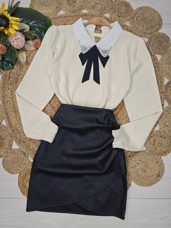 Maglione con colletto della camicia con fiocco strass morbido e caldo Marrone Level Stores