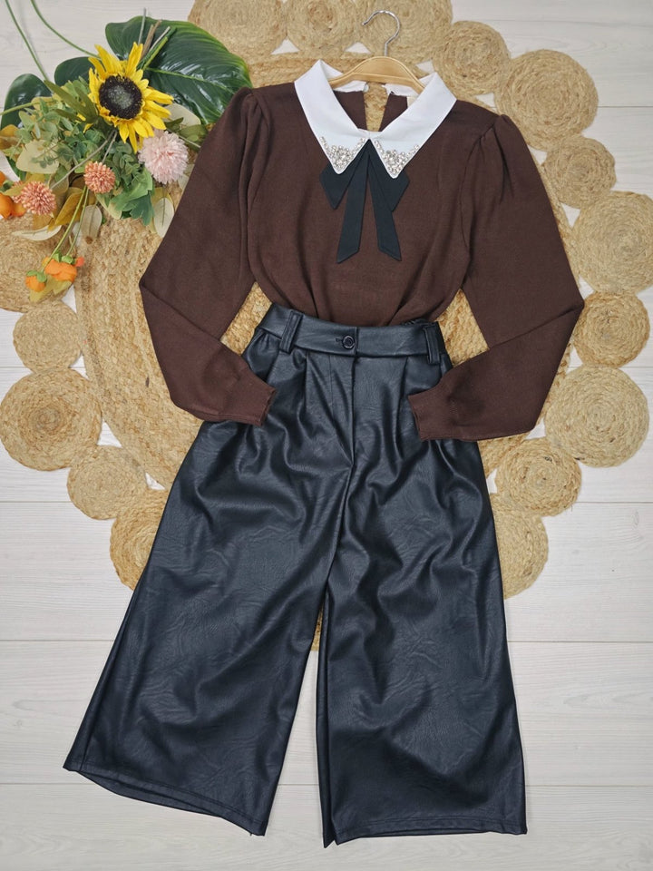 Maglione con colletto della camicia con fiocco strass morbido e caldo Panna Level Stores