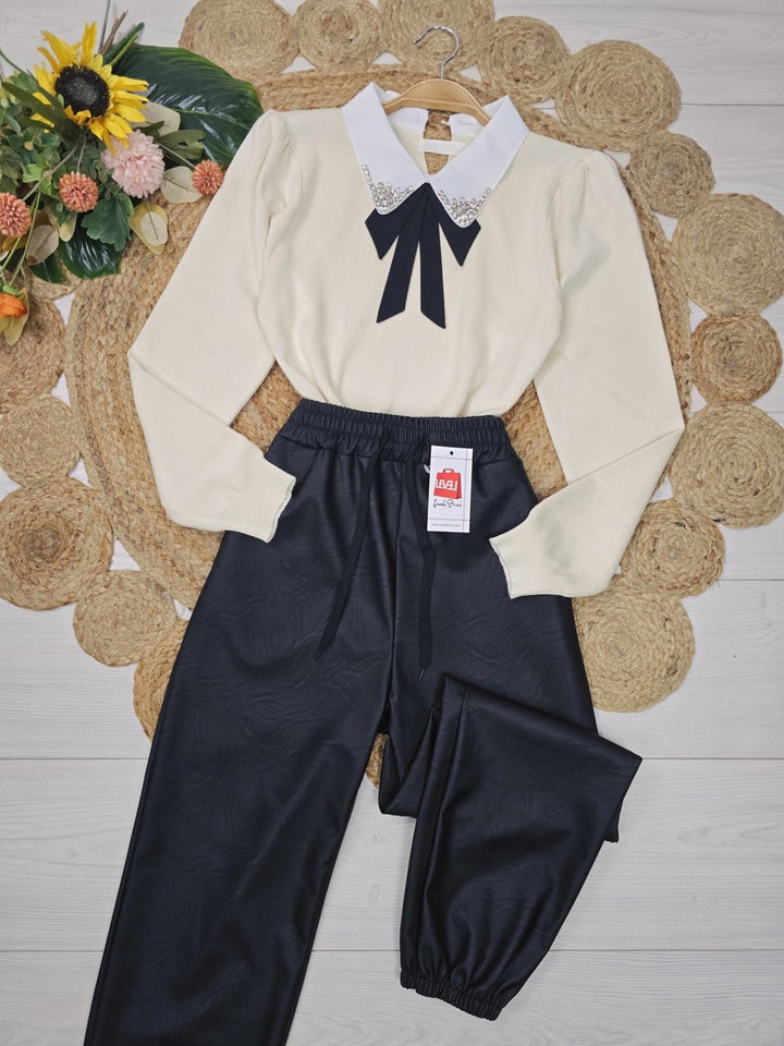 Maglione con colletto della camicia con fiocco strass morbido e caldo Panna Level Stores