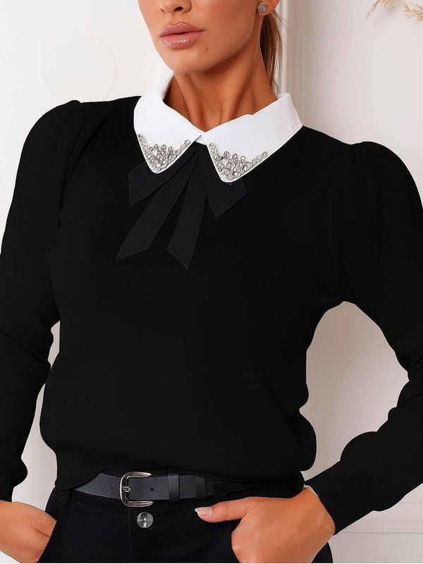 Maglione con colletto della camicia con fiocco strass morbido e caldo Nero Level Stores