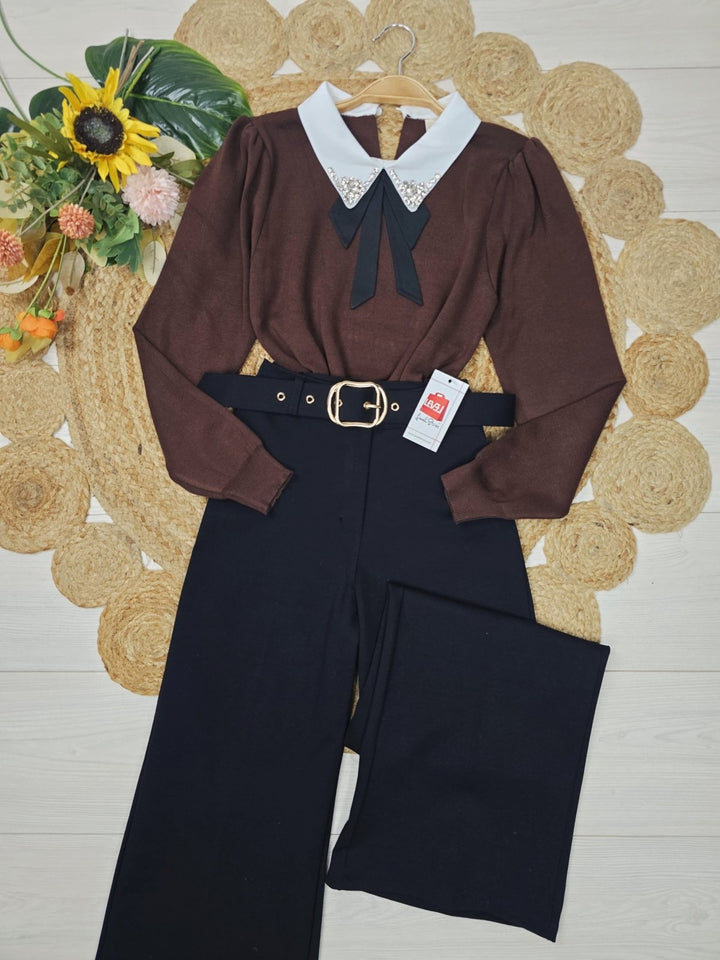 Maglione con colletto della camicia con fiocco strass morbido e caldo Marrone Level Stores