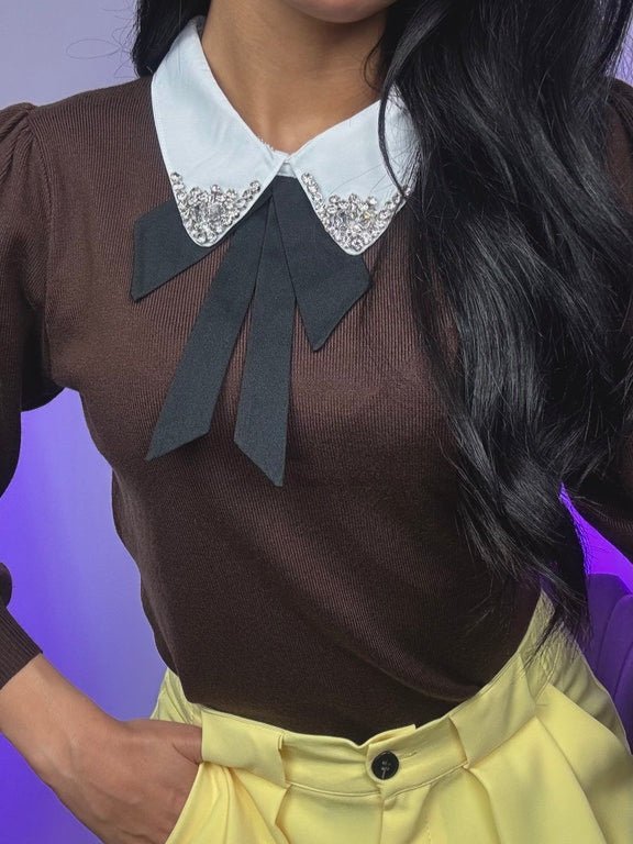 Maglione con colletto della camicia con fiocco strass morbido e caldo Marrone Level Stores