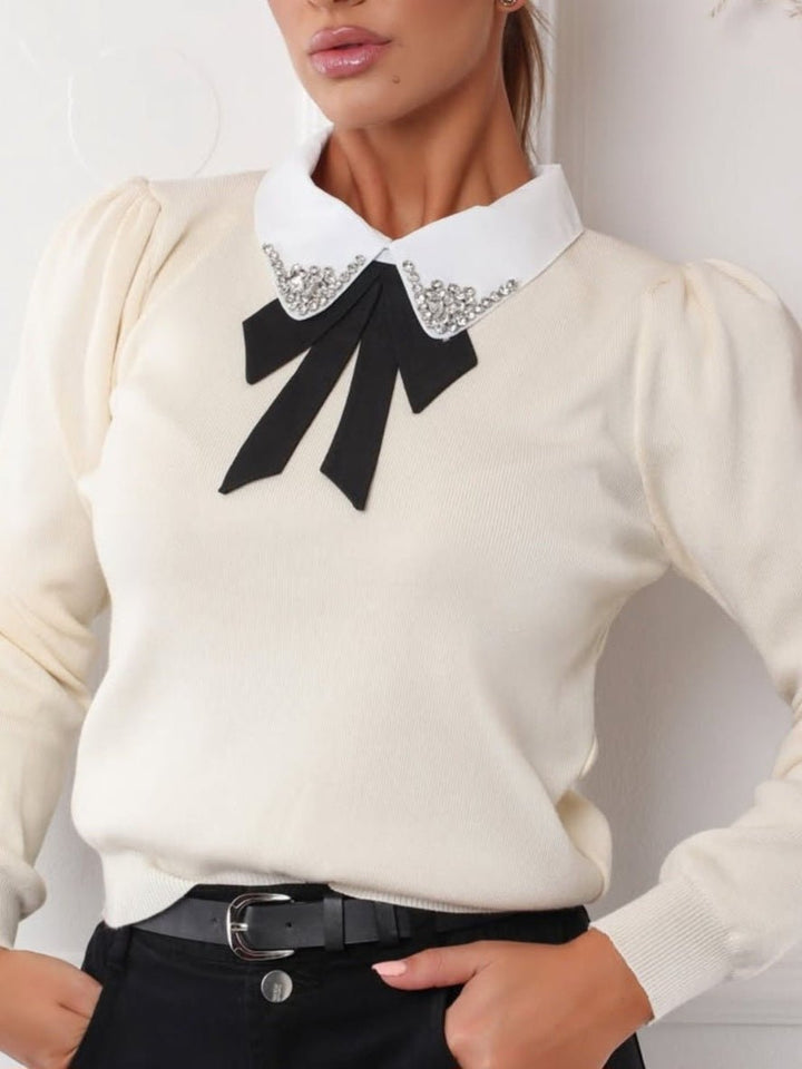 Maglione con colletto della camicia con fiocco strass morbido e caldo Nero Level Stores