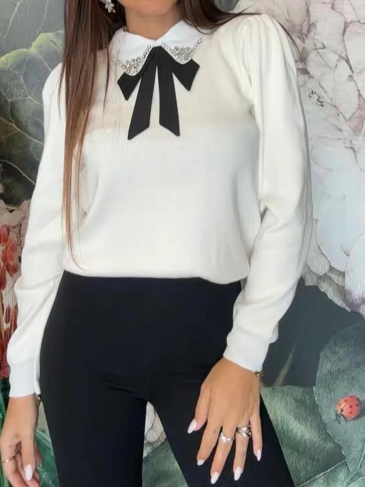 Maglione con colletto della camicia con fiocco strass morbido e caldo Panna Level Stores