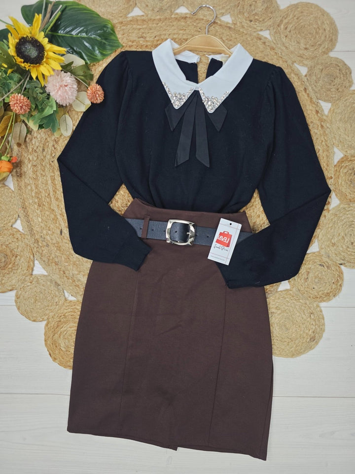 Maglione con colletto della camicia con fiocco strass morbido e caldo Marrone Level Stores