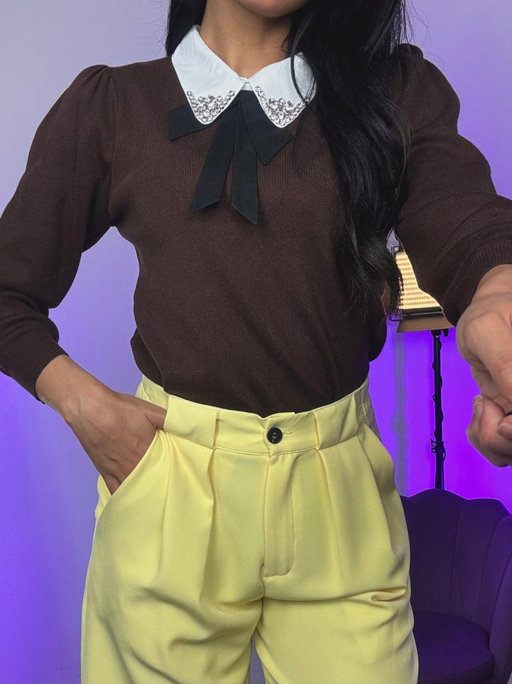 Maglione con colletto della camicia con fiocco strass morbido e caldo Panna Level Stores