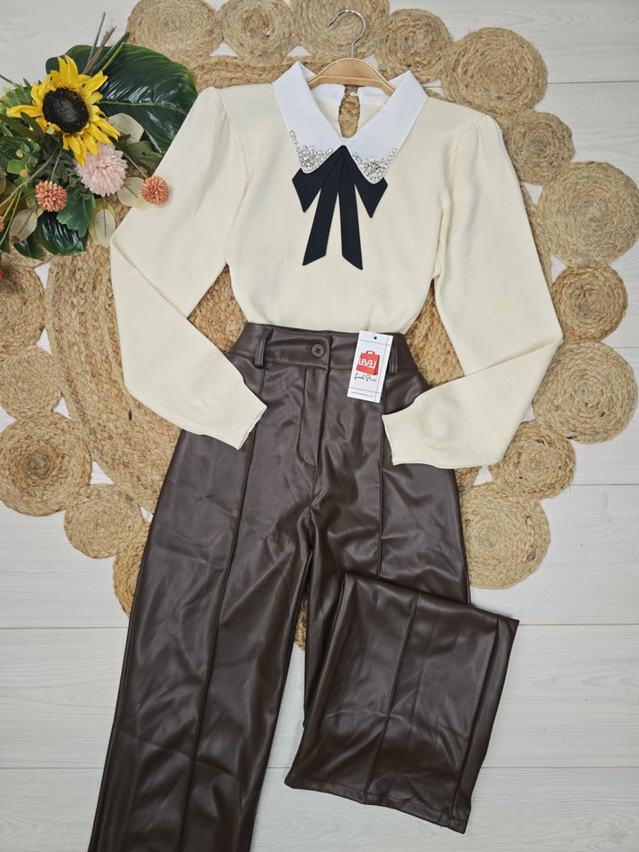 Maglione con colletto della camicia con fiocco strass morbido e caldo Panna Level Stores