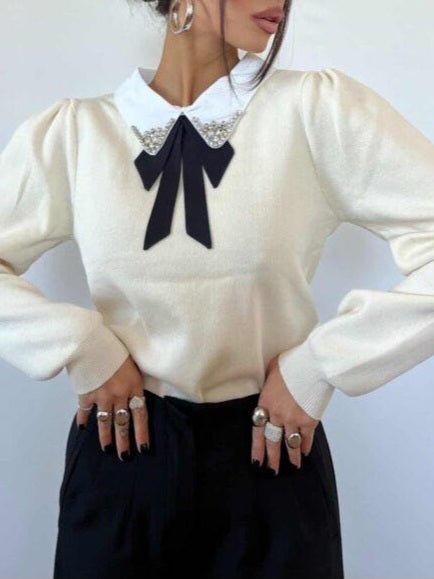 Maglione con colletto della camicia con fiocco strass morbido e caldo Panna Level Stores
