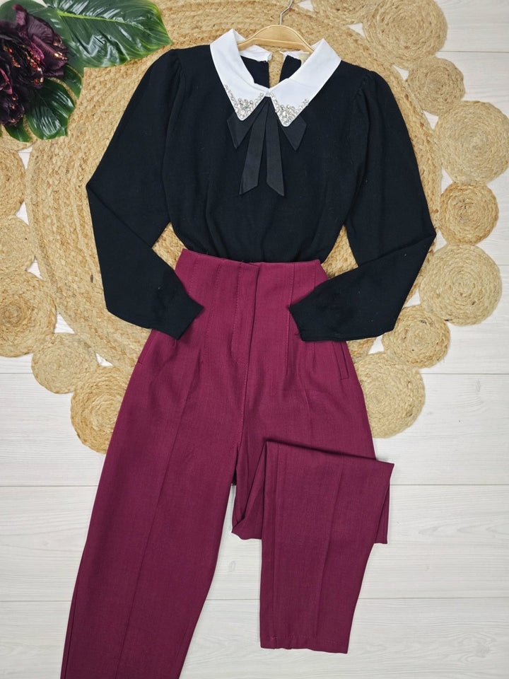 Maglione con colletto della camicia con fiocco strass morbido e caldo Panna Level Stores