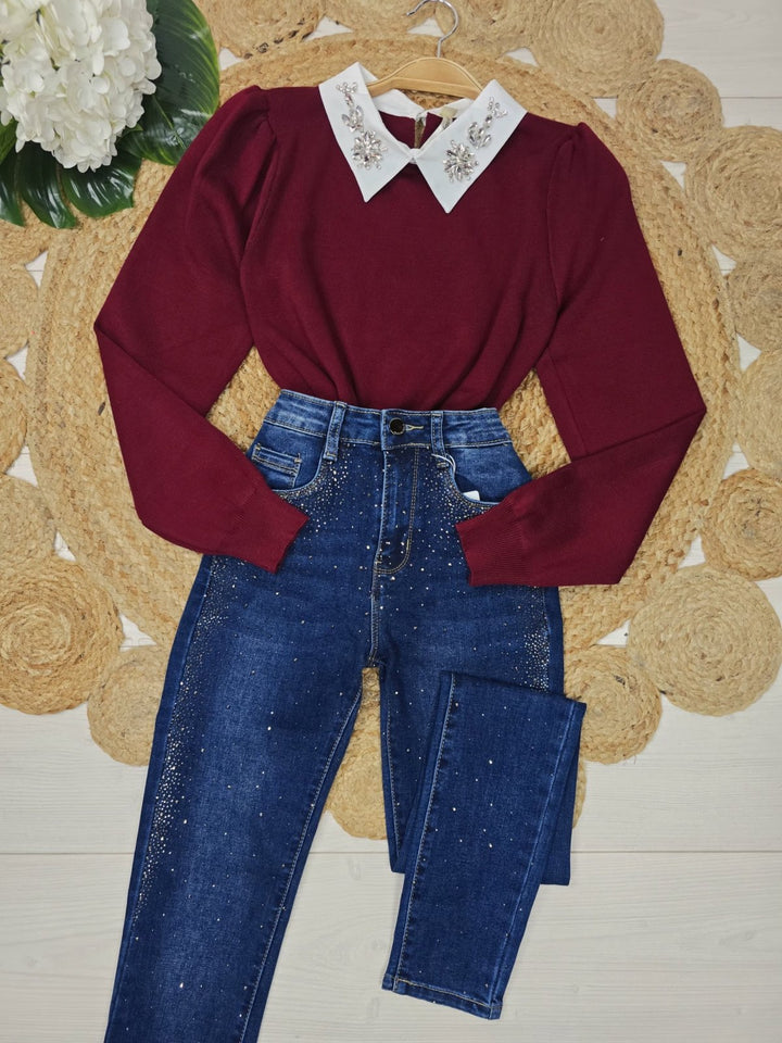 Maglione con colletto della camicia strass morbido e caldo Marrone Level Stores