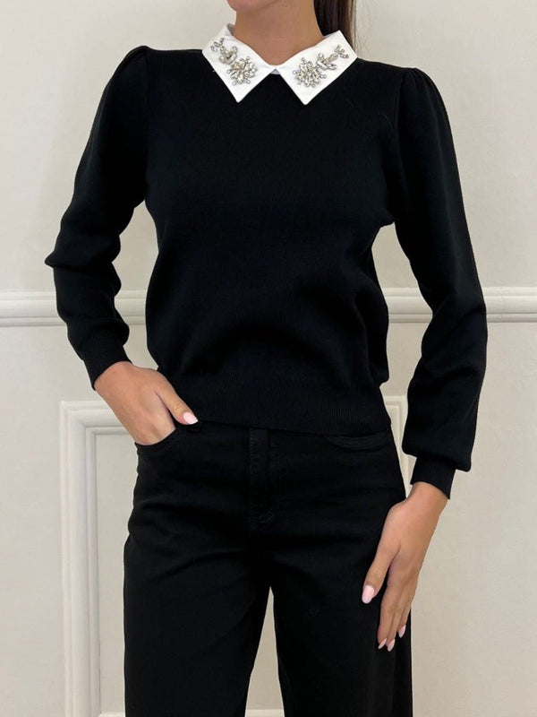 Maglione con colletto della camicia strass morbido e caldo Nero Level Stores