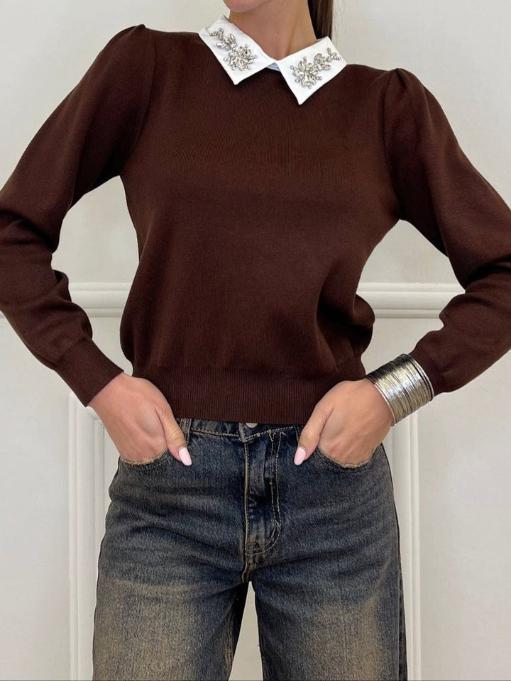 Maglione con colletto della camicia strass morbido e caldo Marrone Level Stores