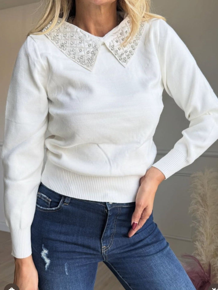 Maglione con colletto rovesciato strass morbido e caldo Bianco Level Stores