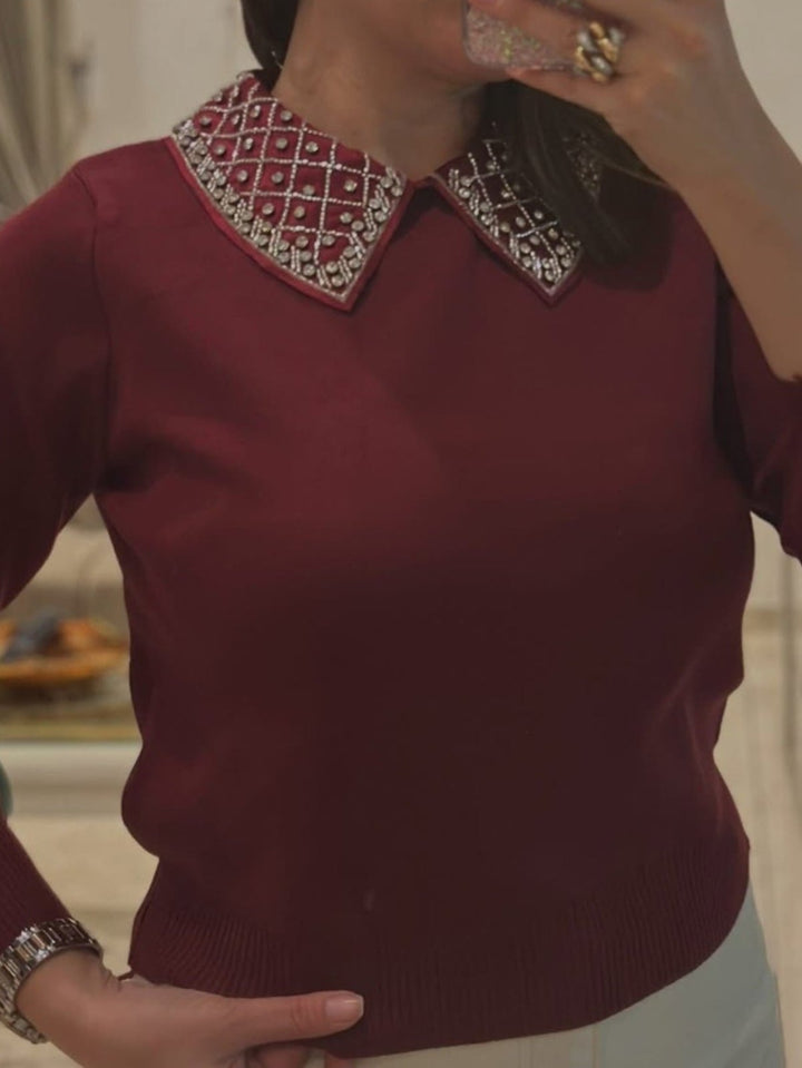 Maglione con colletto rovesciato strass morbido e caldo Bordo Level Stores