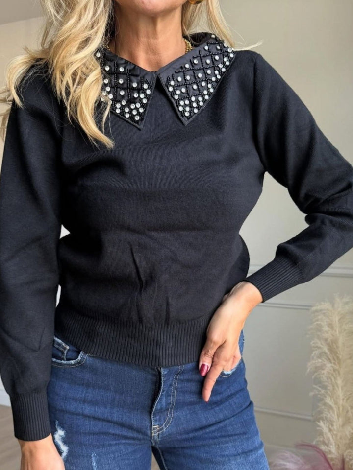 Maglione con colletto rovesciato strass morbido e caldo Nero Level Stores