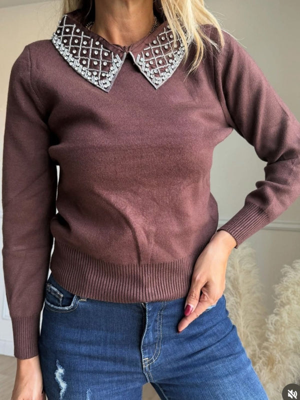 Maglione con colletto rovesciato strass morbido e caldo Marrone Level Stores