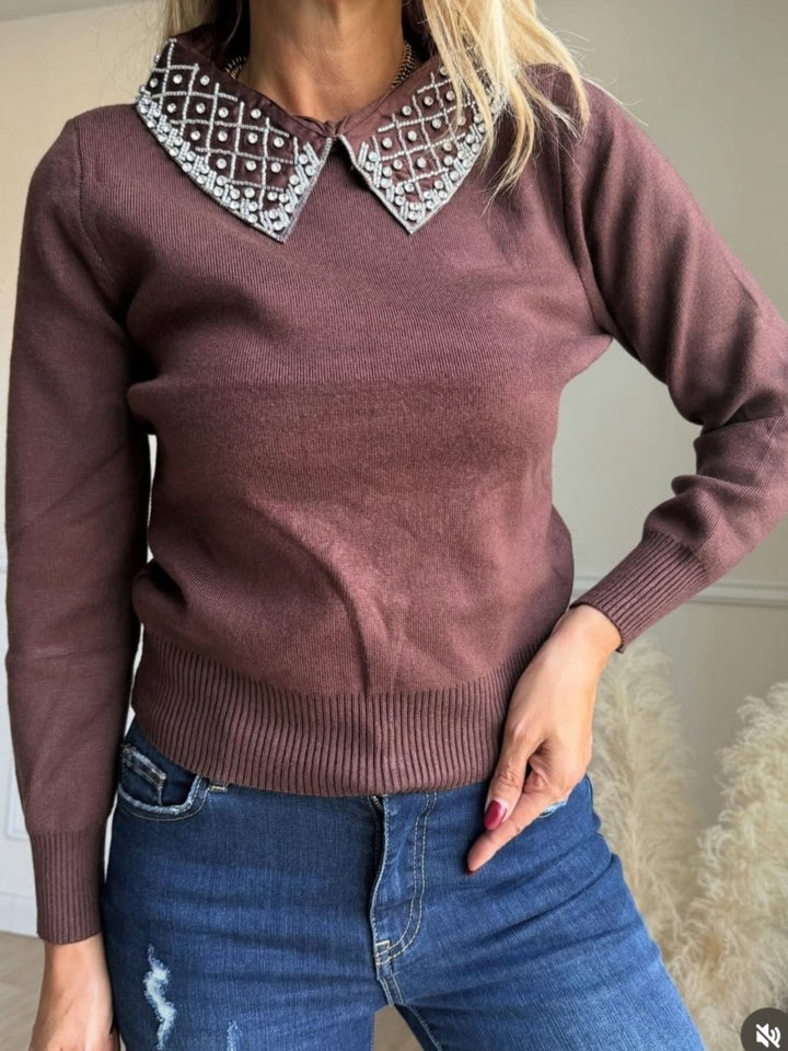 Maglione con colletto rovesciato strass morbido e caldo Marrone Level Stores