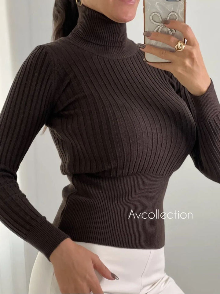 Maglione con collo alto a costine aderente elasticizzato Marrone Level Stores