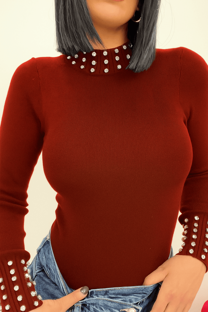 Maglione con collo alto strass morbido e caldo Bordo Level Stores