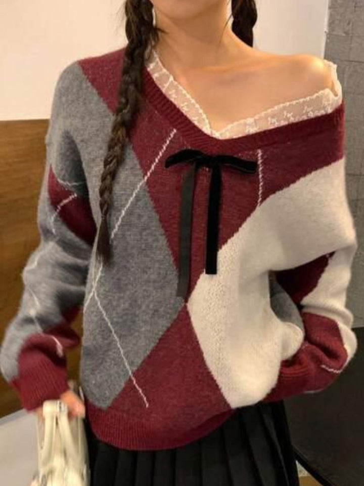 Maglione con fantasia astratta morbido e caldo scollo a v n pizzo con fiocco Multicolore Level Stores