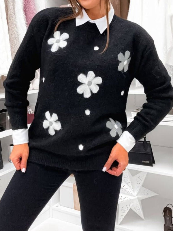 Maglione con fantasia fiore morbido e caldo Nero Level Stores