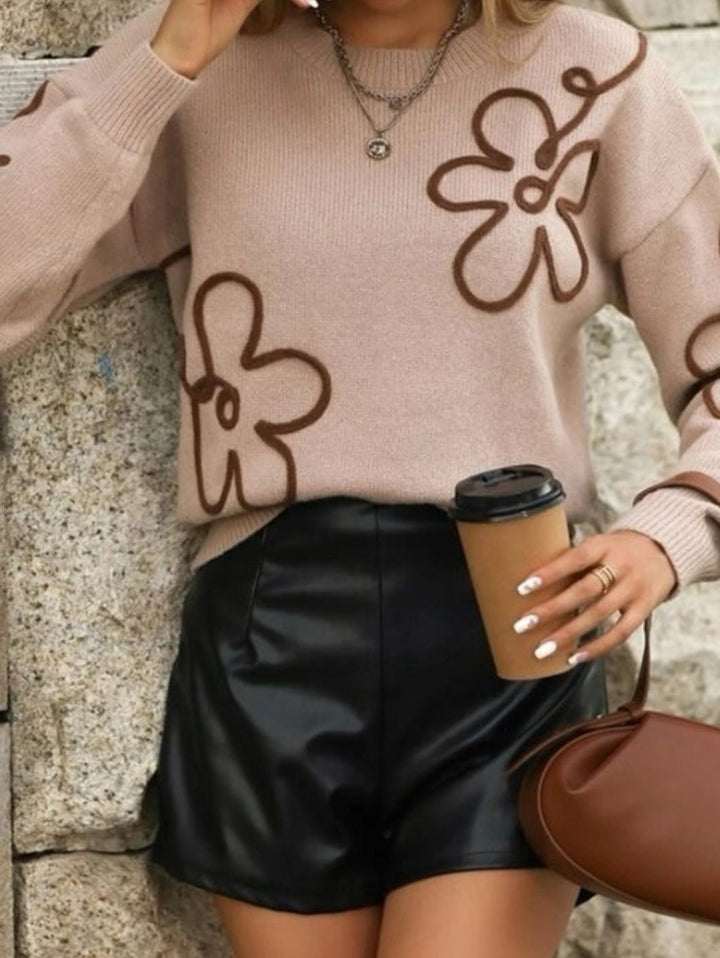 Maglione con fantasia fiore morbido e caldo Camel Level Stores