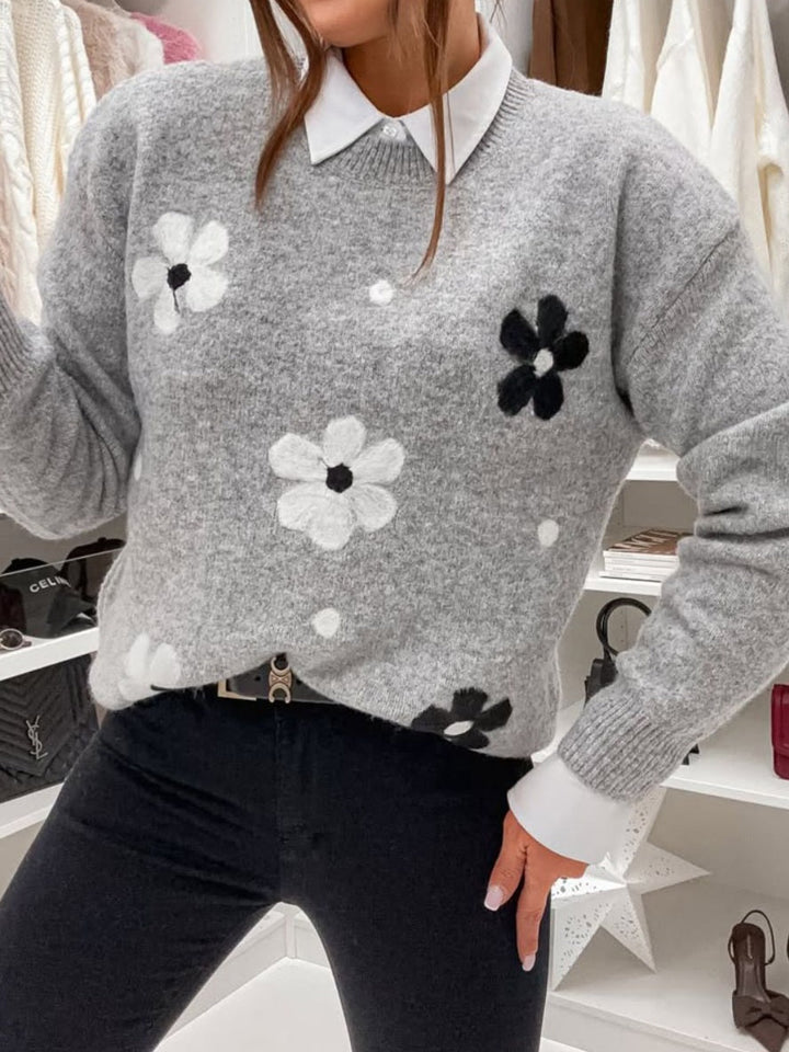 Maglione con fantasia fiore morbido e caldo Grigio Level Stores