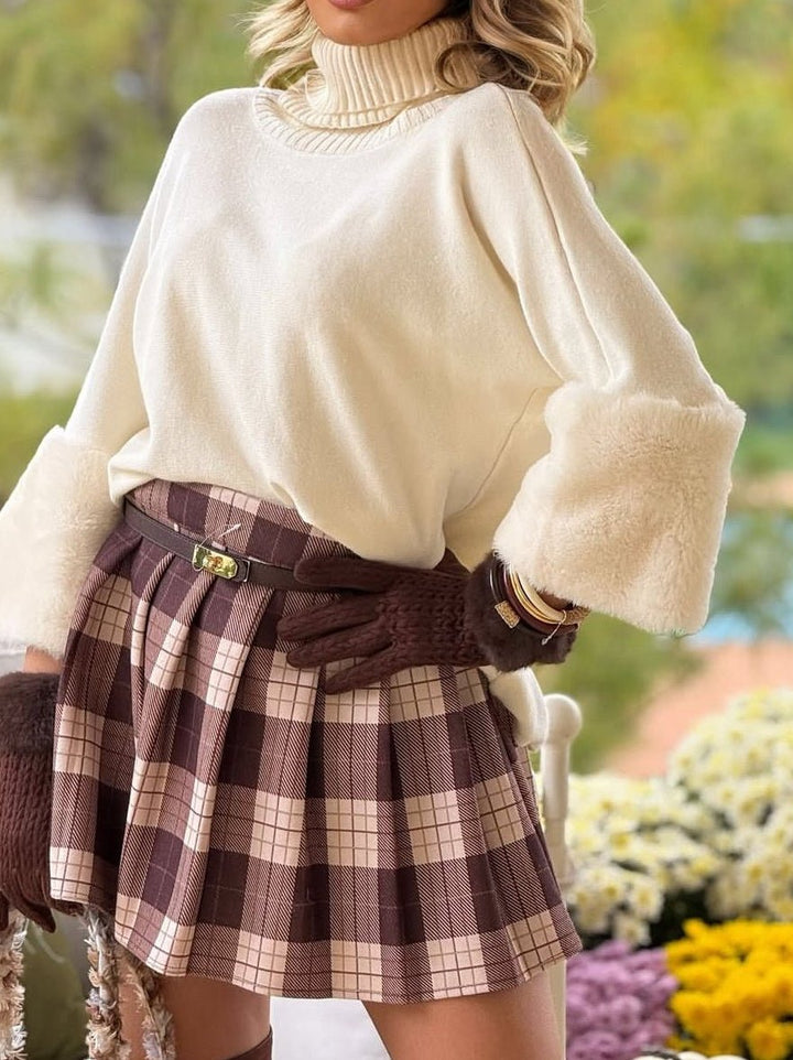 Maglione con manica in pelliccia morbido e caldo Beige Level Stores