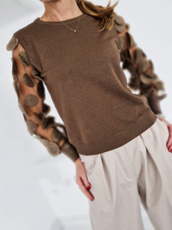 Maglione con maniche lunghe in tulle a palloncino Marrone Level Stores
