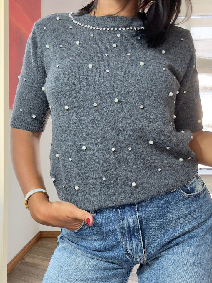 Maglione con mezza manica strass e perle Beige Level Stores