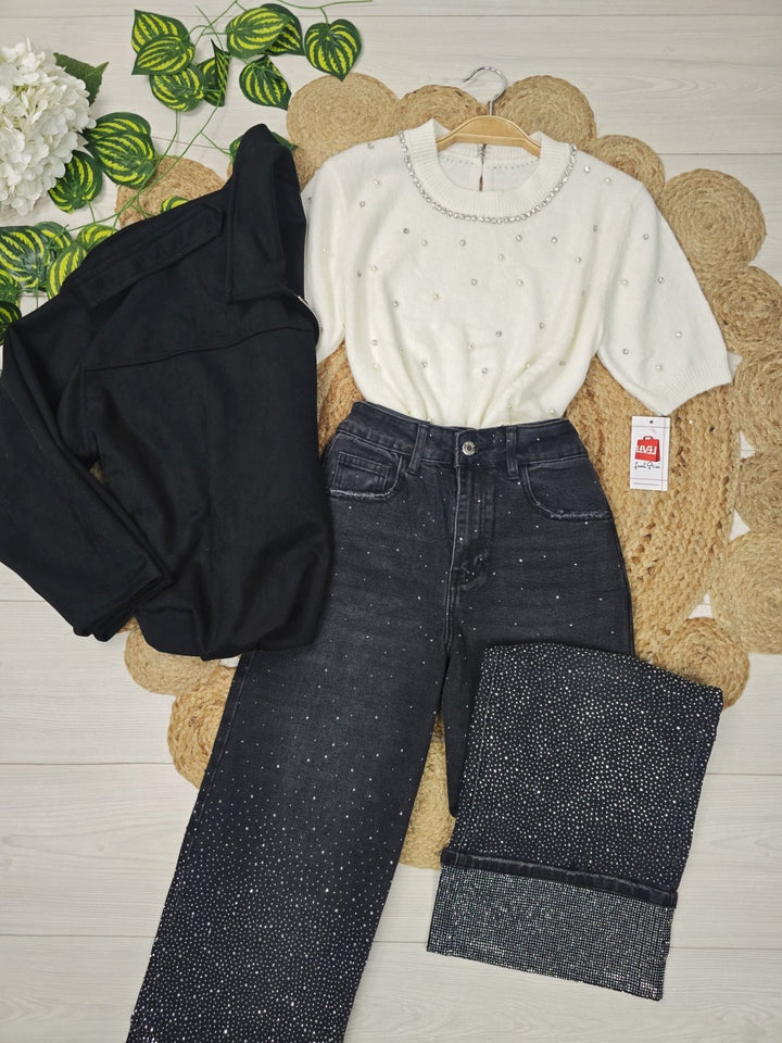 Maglione con mezza manica strass e perle Bordo Level Stores