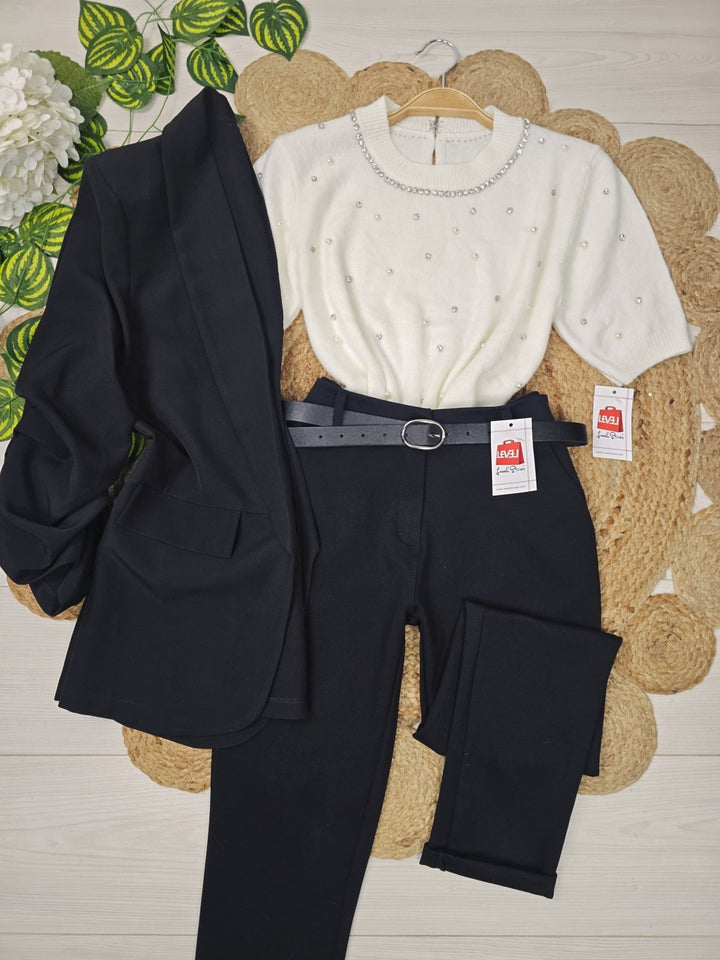 Maglione con mezza manica strass e perle Nero/Grigio Level Stores