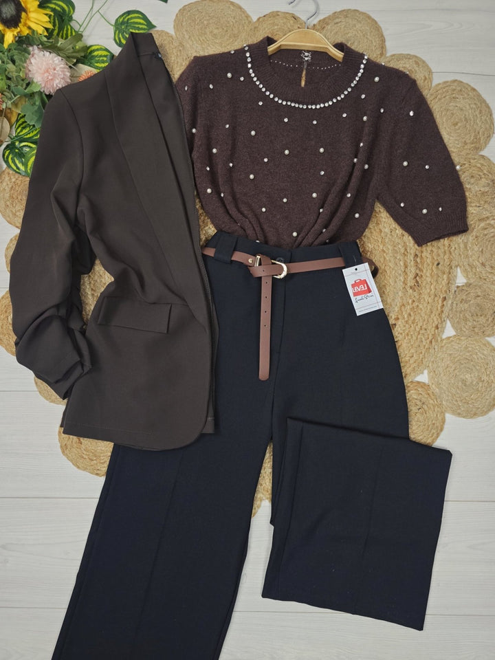 Maglione con mezza manica strass e perle Marrone Level Stores
