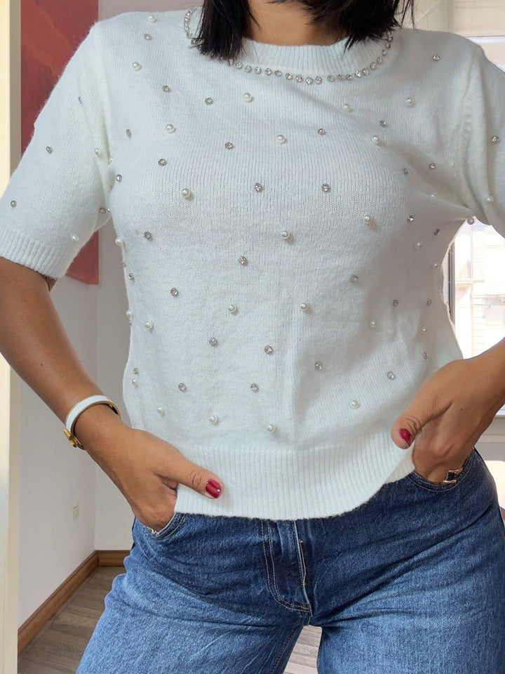 Maglione con mezza manica strass e perle Bianco Level Stores