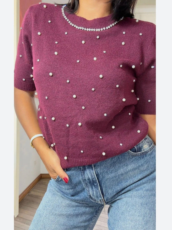 Maglione con mezza manica strass e perle Bordo Level Stores