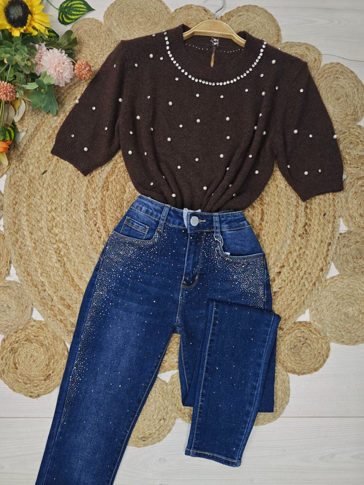 Maglione con mezza manica strass e perle Bordo Level Stores