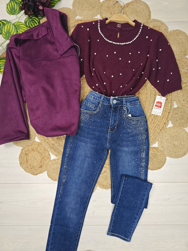 Maglione con mezza manica strass e perle Bordo Level Stores