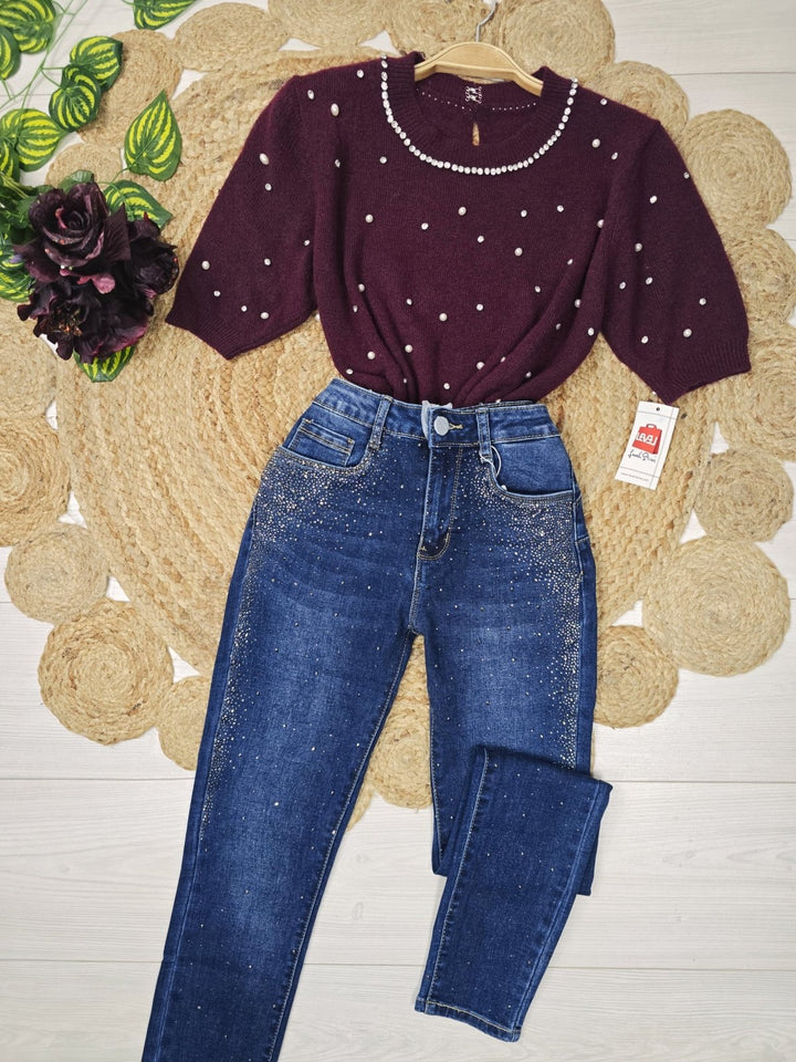 Maglione con mezza manica strass e perle Bordo Level Stores