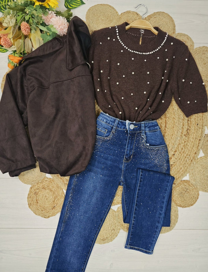 Maglione con mezza manica strass e perle Bordo Level Stores