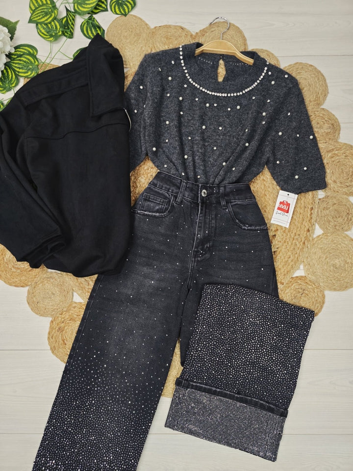 Maglione con mezza manica strass e perle Nero/Grigio Level Stores