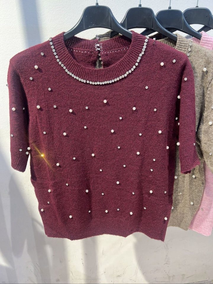 Maglione con mezza manica strass e perle Nero/Grigio Level Stores