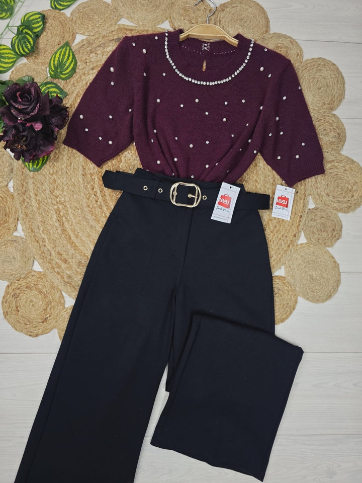 Maglione con mezza manica strass e perle Bordo Level Stores