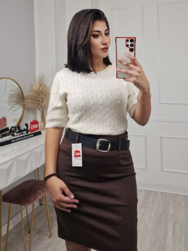 Maglione con motivo a intreccio a mezza manica e dettagli di perle Nero Level Stores