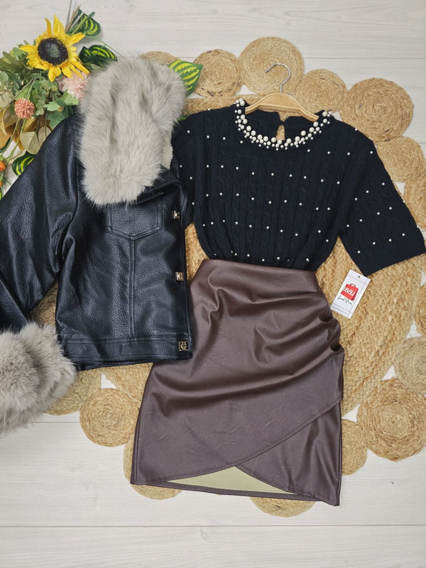 Maglione con motivo a intreccio a mezza manica e dettagli di perle Nero Level Stores
