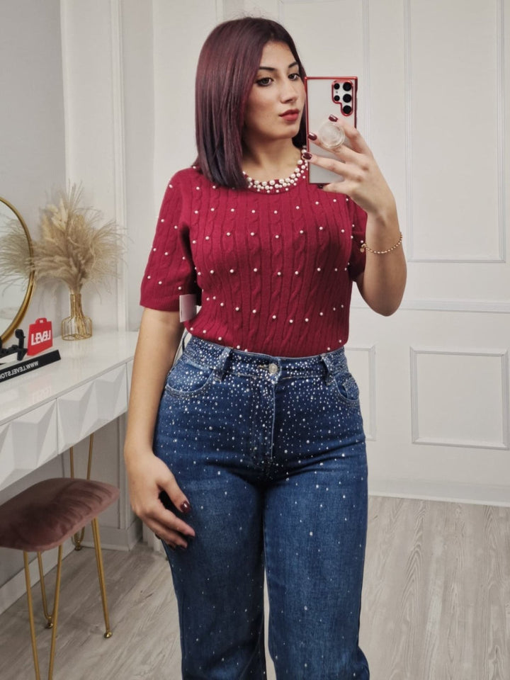 Maglione con motivo a intreccio a mezza manica e dettagli di perle Bordo Level Stores