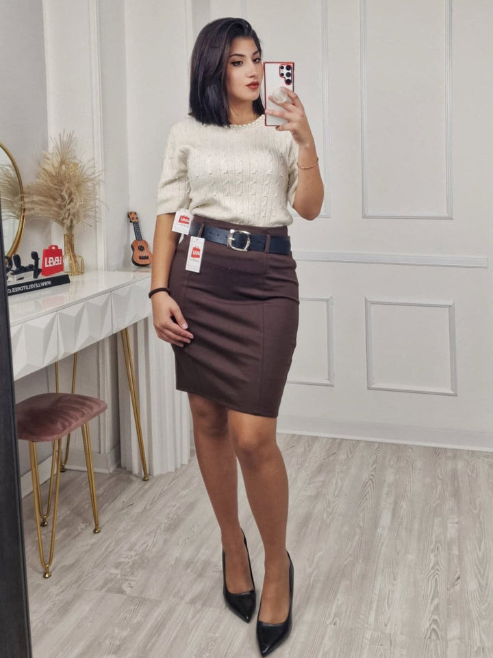 Maglione con motivo a intreccio a mezza manica e dettagli di perle Beige Level Stores