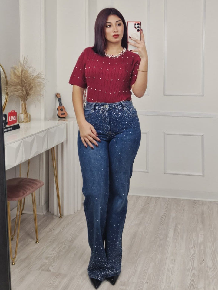 Maglione con motivo a intreccio a mezza manica e dettagli di perle Bordo Level Stores