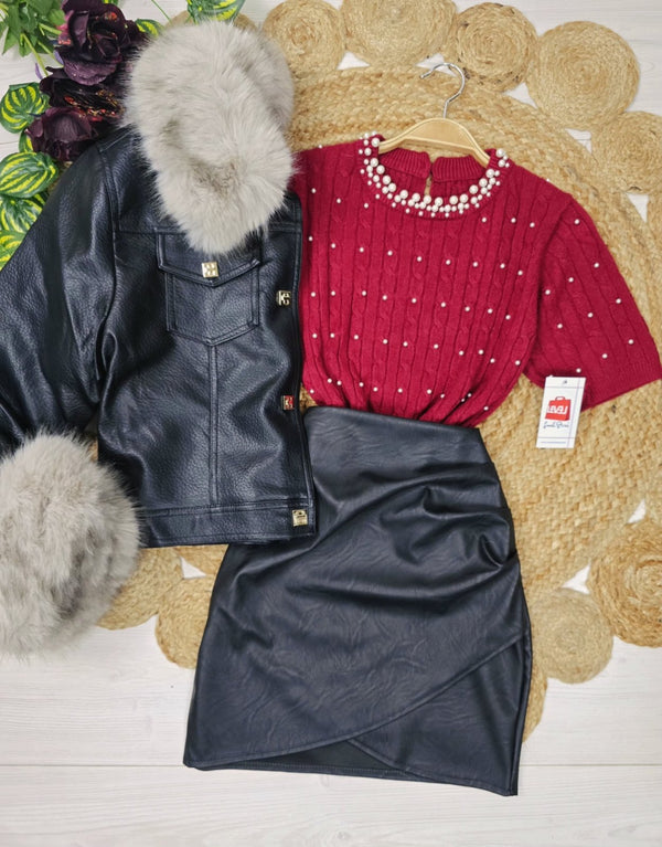 Maglione con motivo a intreccio a mezza manica e dettagli di perle Nero Level Stores