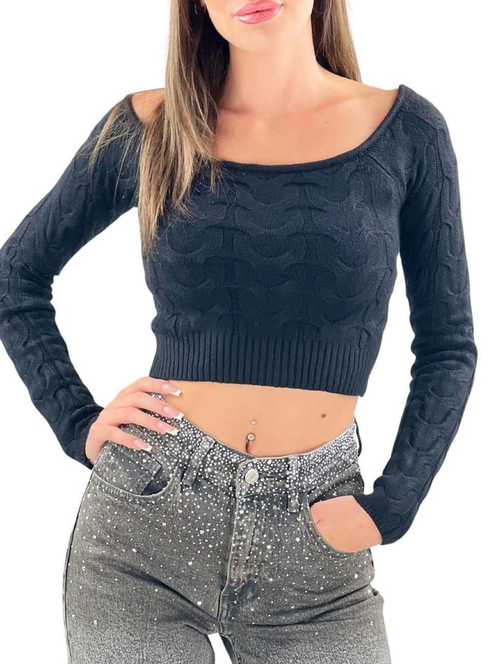 Maglione con motivo a intreccio modello corto morbido Nero Level Stores